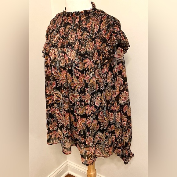 Ophelia Roe Black Red Green Floral Smocked Balloon Sleeve Ruffled Hem Top SZ 3X - Picture 5 of 15